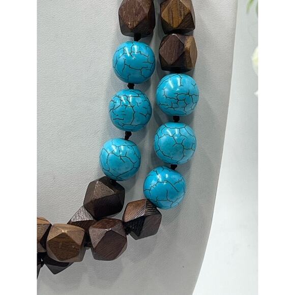 Kenneth Jay Lane Vintage Signed Hand KnotTwo Row‎ Wood Bead Turquoise Necklace - Picture 5 of 16